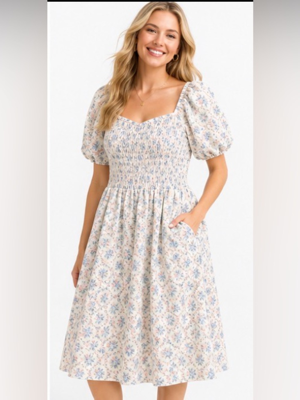 NWT Polagram Floral Smocked Puff Sleeve Dress 2XL Pockets Cottagecore